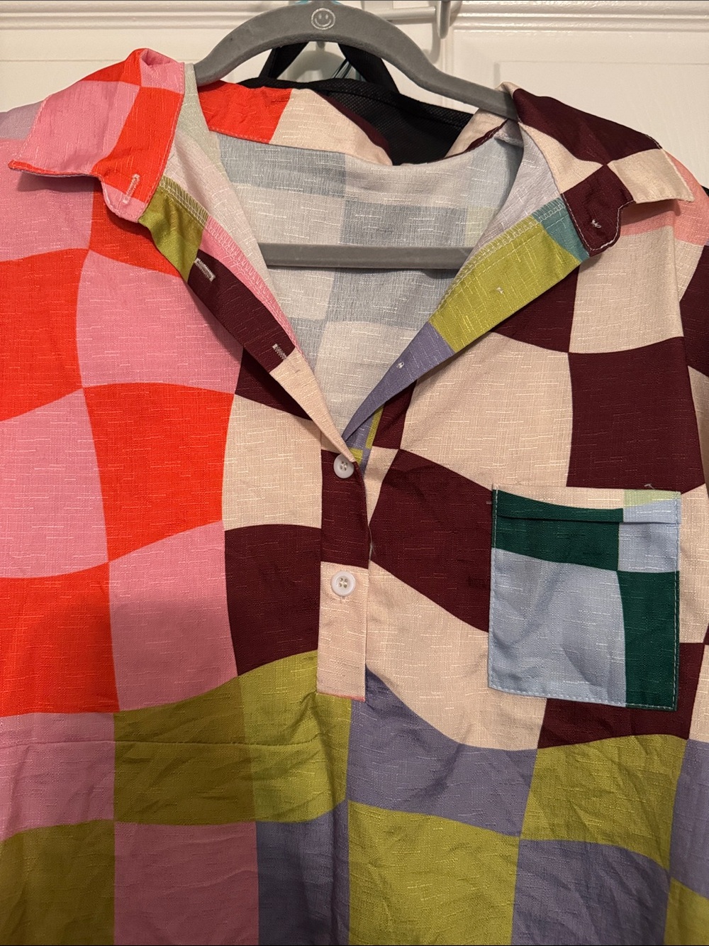 Colorblock Checkerboard Button-Down Shirt - Multicolor - Picture 2 of 3